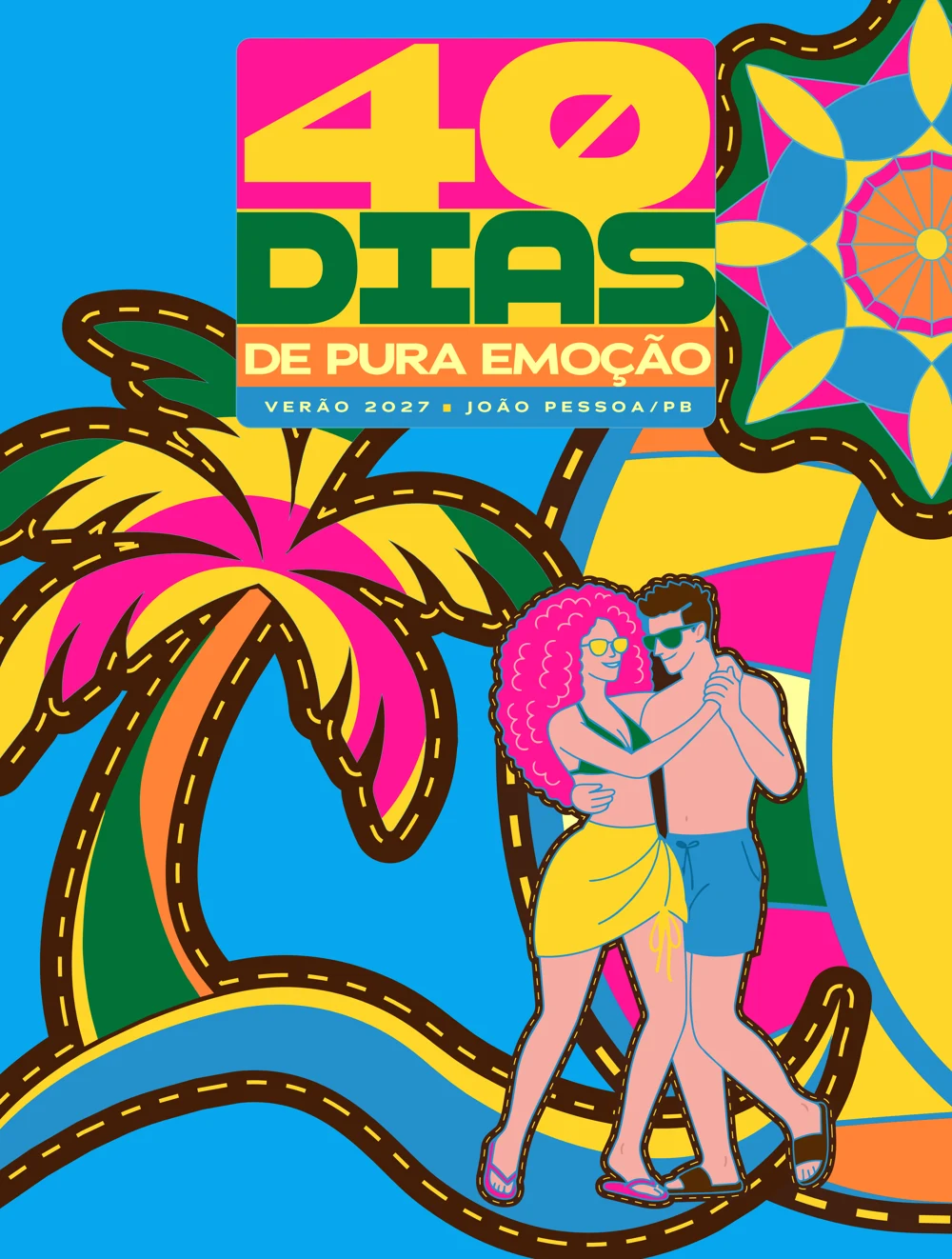 Arte do evento com um casal dançando forró, um coqueiro e cores de verão